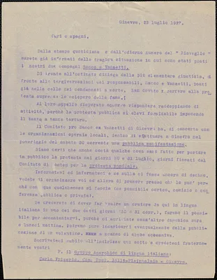 Carlo Frigerio (Gruppo Anarchice di Lingua Italiana) typed letter, in Italian, to Sacco-Vanzetti Defense Committee, Geneva, Switzerland, July 22, 1927