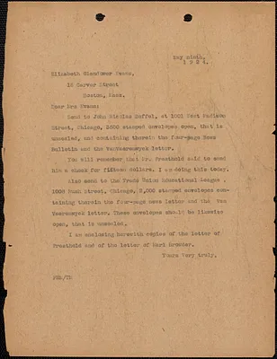[Fred H. Moore] typed letter (copy) to Elizabeth Glendower Evans, [Boston, Mass.], May 9, 1924