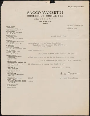 Rose Baron (Sacco-Vanzetti Emergency Committee) typed note signed to Sacco-Vanzetti Defense Committee, New York, N.Y., April 27, 1927