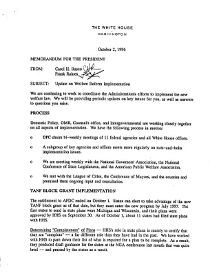 Presidential Decision Issues Welfare Reform Implementation [1]
