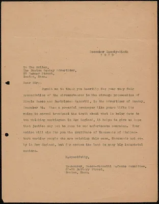 Aldino Felicani (Sacco-Vanzetti Defense Committee) typed letter (copy) to Editor, Boston Sunday Advertiser, Boston, Mass., December 29, 1920
