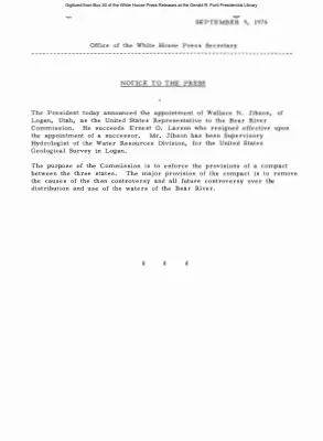 Appointment of Wallace N. Jibson as US Representative to Bear River Commission [Position Appointments and Resignations]
