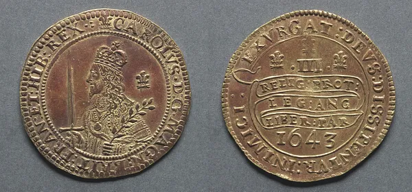 Triple Unite or Three Pound Piece: Charles I (obverse); Declaration on Scroll (reverse)