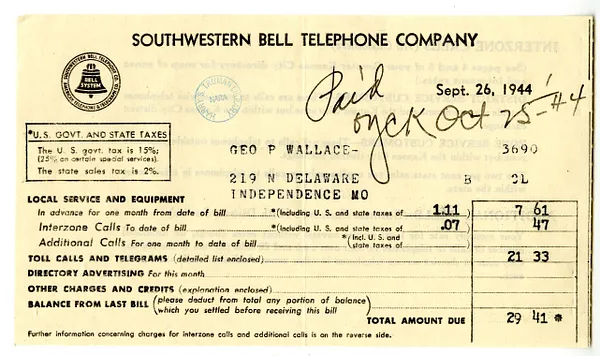 Bill from Southwestern Bell Telephone Company to George P. Wallace