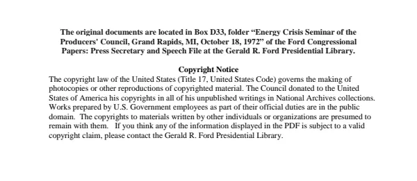 Energy Crisis Seminar of the Producers' Council, Grand Rapids, MI, October 18, 1972