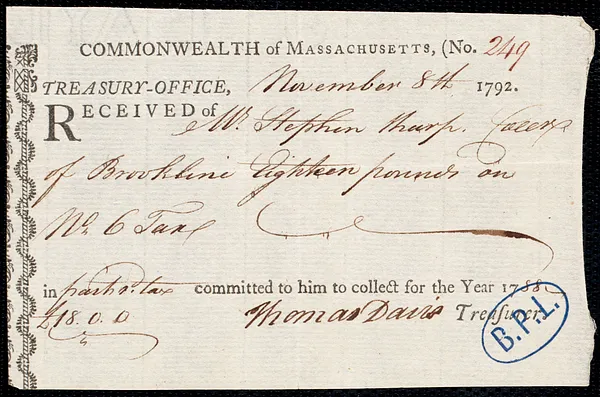 Receipt from state treasurer to Stephen Sharp