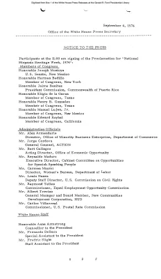 Participants at the signing of the Proclamation for "National Hispanic Heritage Week, 1974" [Meeting Attendee List]