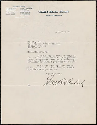 David I. Walsh typed note signed to Mary Donovan, Washington, D.C., April 30, 1927