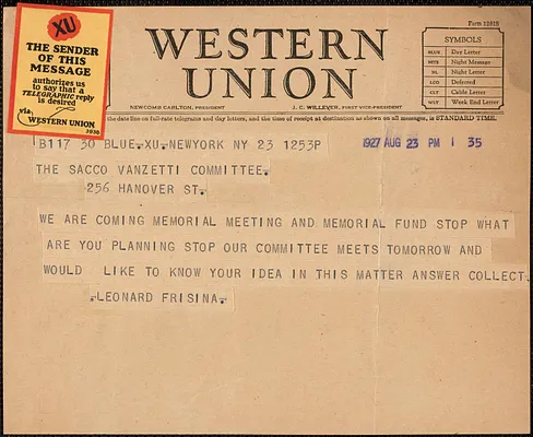 Leonard Frisina telegram to Sacco-Vanzetti Defense Committee, New York, N. Y., August 23, 1927