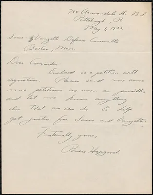 Powers Hapgood autograph note signed to Sacco-Vanzetti Defense Committee, Pittsburgh, Pa., May 1, 1927