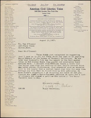 Lucille B. Milner (American Civil Liberties Union) typed letter signed to Tom O'Connor (Citizens National Committee for Sacco and Vanzetti), New York, N. Y., August 12, 1927