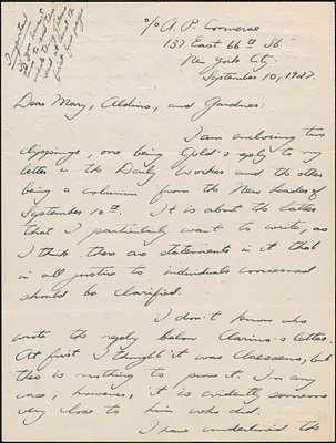 Powers Hapgood autograph letter signed to Mary [Donovan], Aldino [Felicani], and Gardner [Jackson], New York, N. Y., September 10, 1927