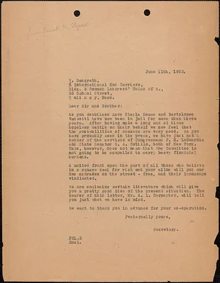 Frank R. Lopez (Sacco-Vanzetti Defense Committee) typed letter (copy) to V. Sangrath (International Hod Carriers', Building and Common Laborers' Union of America), Boston, Mass., June 11, 1923