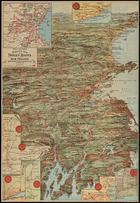 Trolley wayfinder, birds eye view of trolley routes in New England
