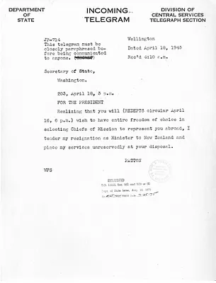 Telegram from Kenneth Patton to Secrertary of State Edward Stettinius