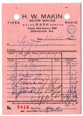 Receipt from H. W. Makin to Harry S. Truman