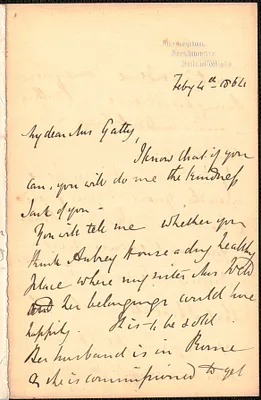 Emily Tennyson autograph letter signed to Mrs. Gatty, Farringford, Isle of Wight, 4 February 1864
