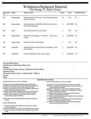 National Economic Council: A Timeline (2001 - 2008) [2]
