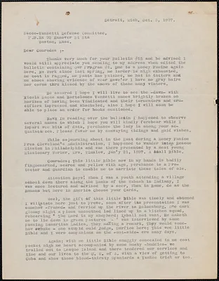 Darius B. Conklin typed letter signed to Sacco-Vanzetti Defense Committee, Detroit, Mich., October 3, 1927