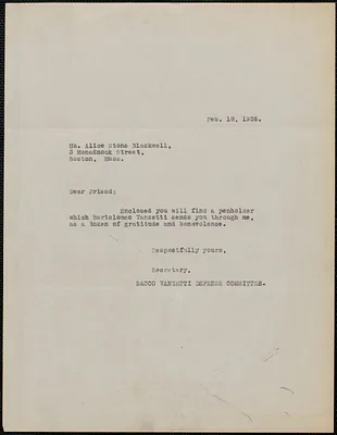 Sacco-Vanzetti Defense Committee typed letter (copy) to Alice Stone Blackwell, Boston, Mass., February 18, 1926