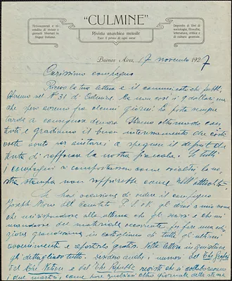 Severino di Giovanni (CULMINE) autograph letter signed, in Italian, to [Sacco-Vanzetti Defense Committee], Buenos Ares, Argentina, November 17, 1927