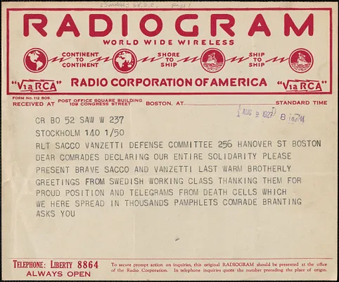Svenska Sacco-Vanzetti Försvarskommitten. telegram to Sacco-Vanzetti Defense Committee, Stockholm, Sweden, August 5, 1927