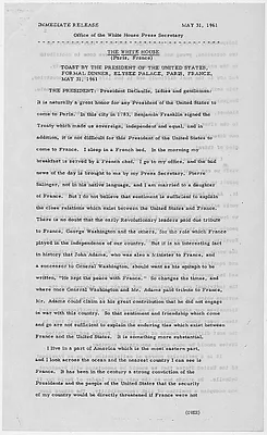 Press copy of the Toast by the President of the United States, Formal Dinner, Elysee Palace, Paris, France, 31 May 1961