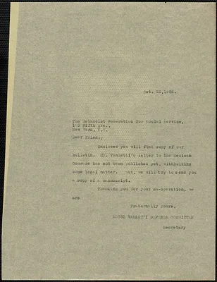 Sacco-Vanzetti Defense Committee typed note (copy) to Methodist Federation for Social Services, Boston, Mass., October 22, 1926