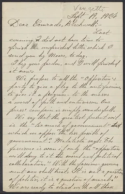 Sacco-Vanzetti Case Records, 1920-1928. Correspondence. Bartolomeo Vanzetti to Mrs. Alice Stone Blackwell, September 19, 1924. Box 39, Folder 43, Harvard Law School Library, Historical & Special Collections