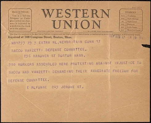 E. Alfonse telegram to Sacco-Vanzetti Defense Committee, New Britain, Conn, August 17, 1927