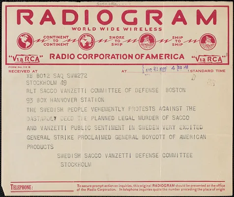 Svenska Sacco-Vanzetti Försvarskommitten. telegram to Sacco-Vanzetti Defense Committee, Stockholm, Sweden, August 21, 1927