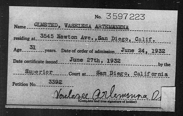 Olmsted, Vaselesa Artemanena - 1932
