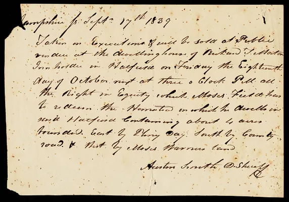 Auction notice (?) signed by Austin Smith, Sheriff, 1839