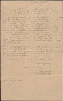 Henry E. Gardine typed letter signed to [Brother Bennett?], New Britain, Conn., July 5, 1922