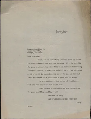 Mary Donovan (Sacco-Vanzetti Defense Committee) typed letter (copy) to Forsvarskomtien for Sacco-Vanzetti, Boston, Mass., November 2, 1927