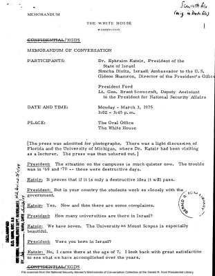 March 3, 1975 - Ford, Israeli President Dr. Ephraim Katzir, Ambassador Dinitz