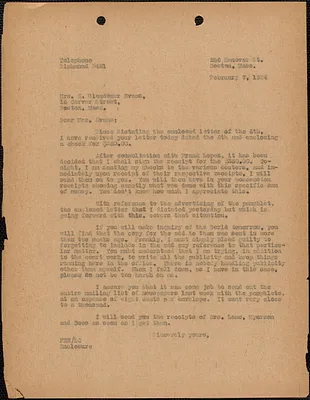 [Fred H. Moore] typed letter (copy) to E[lizabeth] G[lendower] Evans, Boston, Mass., February 7, 1924
