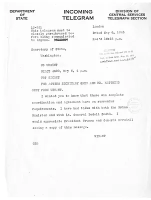 Telegram from John G. Winant to Secrertary of State Edward Stettinius