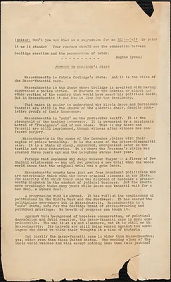 Eugene Lyons typed letter to Editor, [Boston, Mass., 1924]: Justice in Coolidge' state