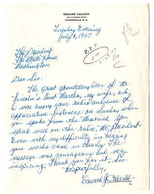 Letter from Edward Calcutt to President Harry S. Truman