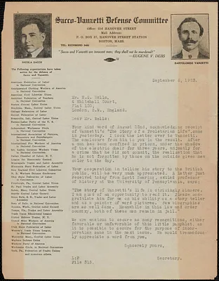 Frank R. Lopez (Sacco-Vanzetti Defense Committee) typed letter to Herbert George Wells, Boston, Mass., September 6, 1923
