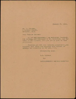 A.G. Wittner (Sacco-Vanzetti Defense Committee) typed letter to (copy) L. Sherman, Boston, Mass., January 30, 1924
