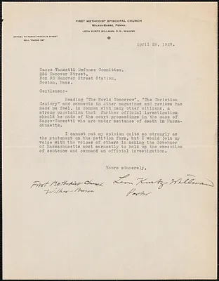 Leon Kurtz Willman typed letter signed to Sacco-Vanzetti Defense Committee, Wilkes-Barre, Pa., April 28, 1927