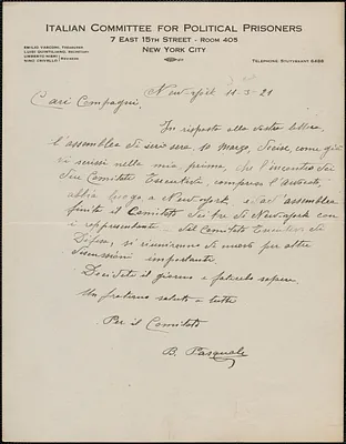 Benjamin Pasquale (Italian Committee for Political Prisoners) autograph letter signed, in Italian, to Sacco-Vanzetti Defense Committee, New York, N.Y., March 11, 1921