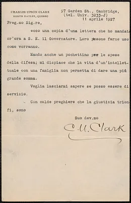 Charles Upson Clark typed note signed, in Italian, to Sacco-Vanzetti Defense Committee, Cambridge, Mass., April 11, 1927