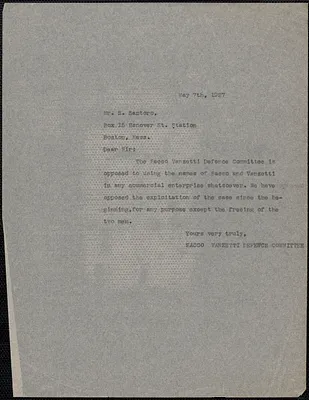 Sacco-Vanzetti Defense Committee typed note (copy) to S. Santoro, Boston, Mass., May 7, 1927