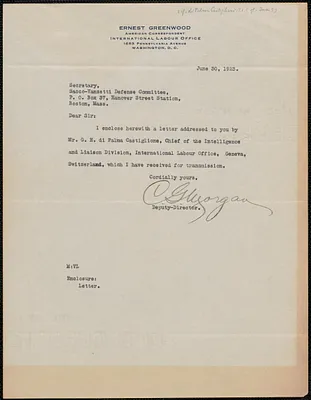 C. G. Morgan (International Labour Office) typed letter signed to Frank R. Lopez, Washington, D.C., June 30, 1923