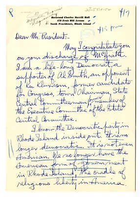 Letter from Reverend Charles Merrill Hall to President Harry S. Truman