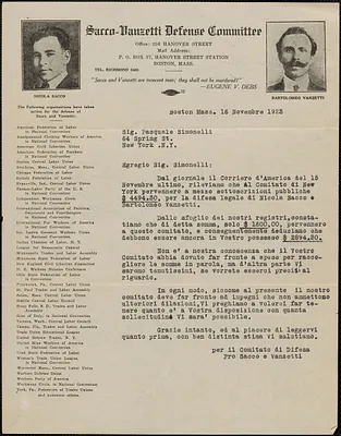 Sacco-Vanzetti Defense Committee typed letter (copy), in Italian, to Pasquale Simonelli, Boston, Mass., November 16, 1923