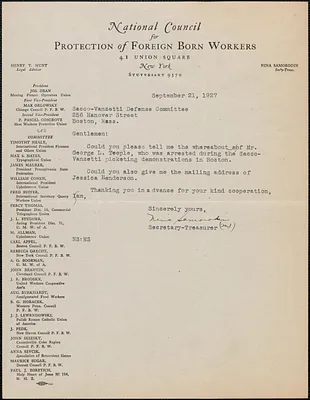 Nina Samorodin (National Council for Protection of Foreign Born Workers) typed note signed to Sacco-Vanzetti Defense Committee, New York, N. Y., September 21, 1927